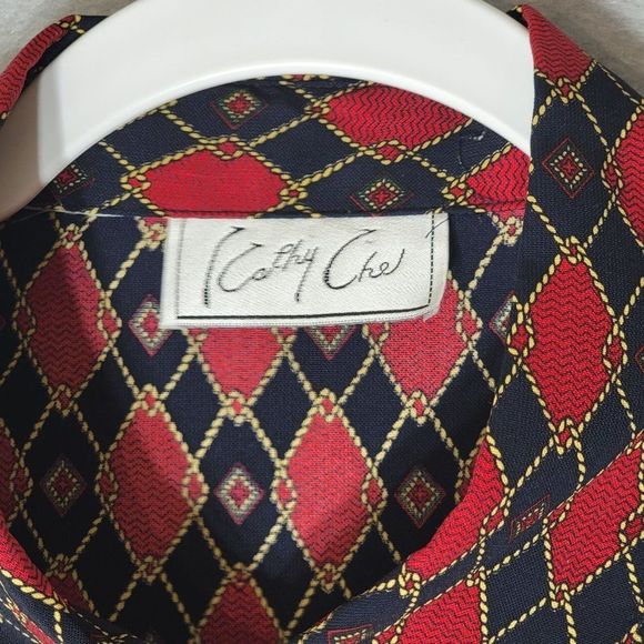 Vintage Cathy Che Blouse 1X Button Front Shoulder Pads Long Sleeve Red Blue Geo - Picture 7 of 10